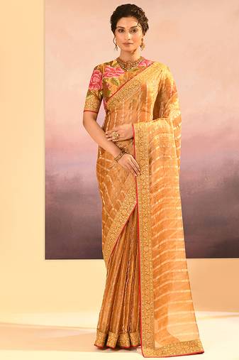 Honey gold embroidered tissue saree set