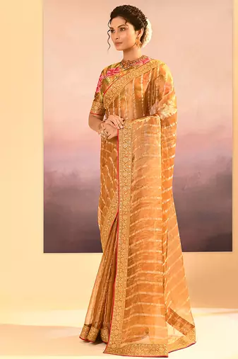 Honey gold embroidered tissue saree set