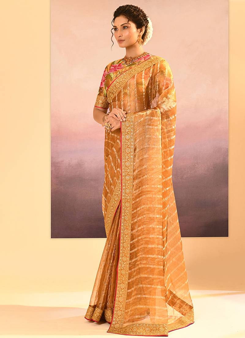 Honey gold embroidered tissue saree set