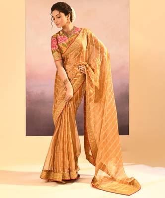 Honey gold embroidered tissue saree set 3