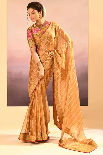 Honey gold embroidered tissue saree set