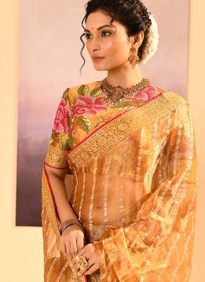 Honey gold embroidered tissue saree set 4