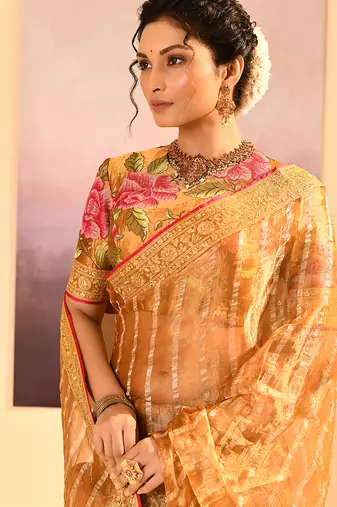 Honey gold embroidered tissue saree set