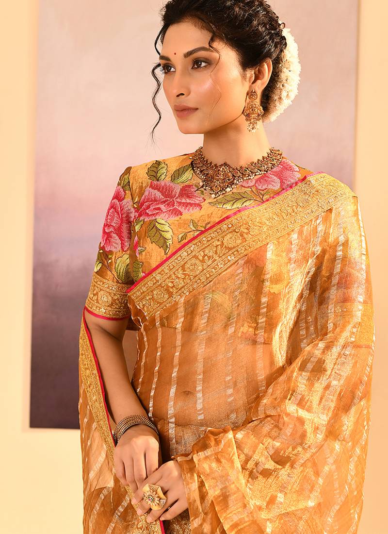 Honey gold embroidered tissue saree set