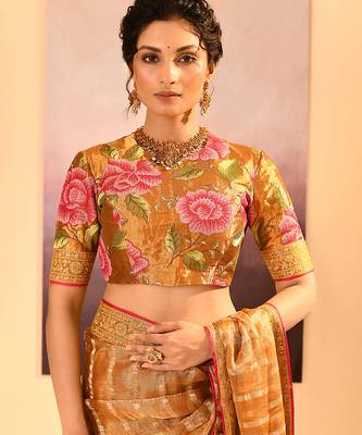 Honey gold embroidered tissue saree set 5