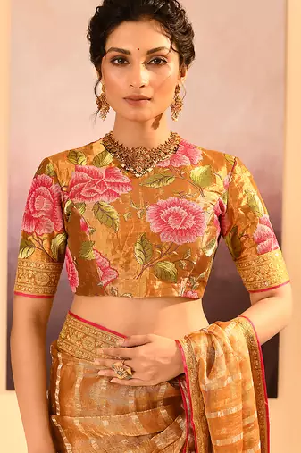 Honey gold embroidered tissue saree set