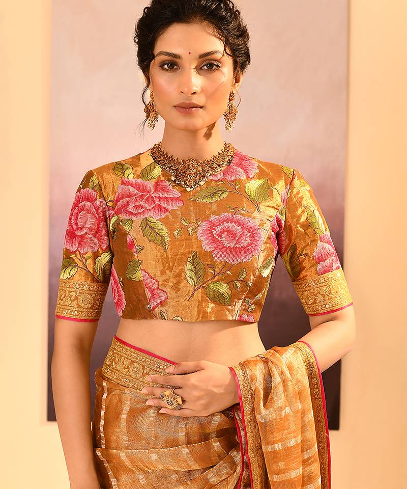 Honey gold embroidered tissue saree set