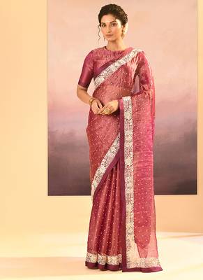 Onion pink embroidered tissue saree set 1