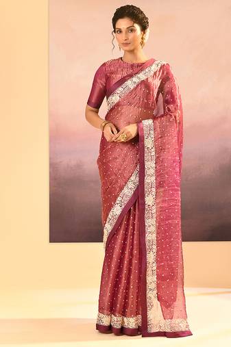Onion pink embroidered tissue saree set