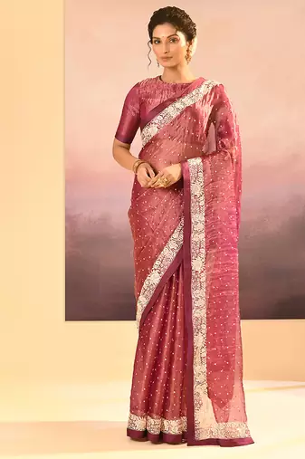 Onion pink embroidered tissue saree set