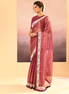 Onion pink embroidered tissue saree set 2