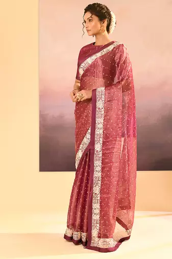 Onion pink embroidered tissue saree set