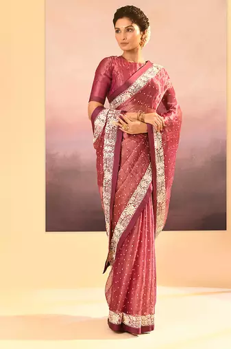 Onion pink embroidered tissue saree set