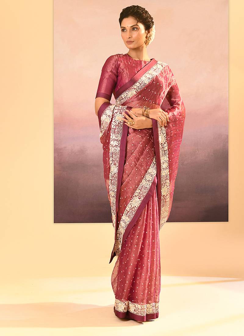 Onion pink embroidered tissue saree set
