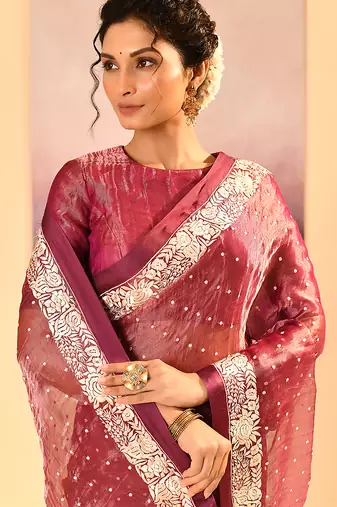 Onion pink embroidered tissue saree set