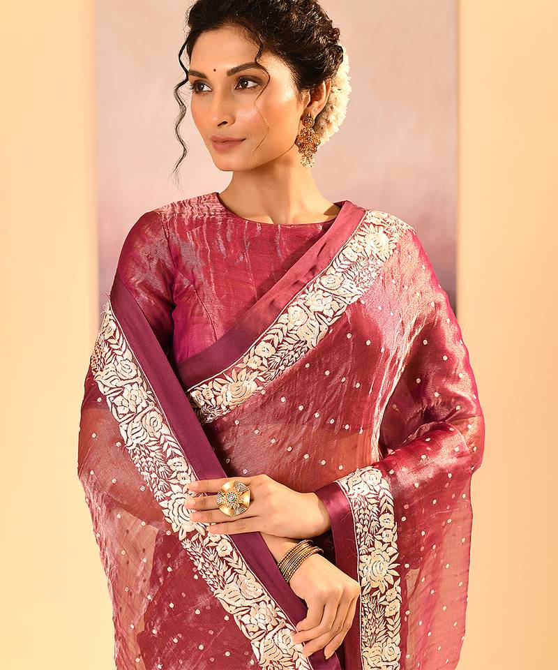 Onion pink embroidered tissue saree set