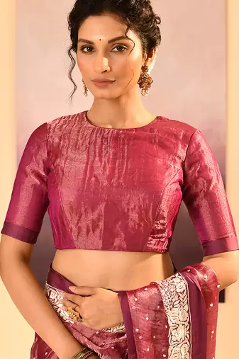 Onion pink embroidered tissue saree set
