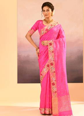Bright pink embroidered raw silk saree set 1