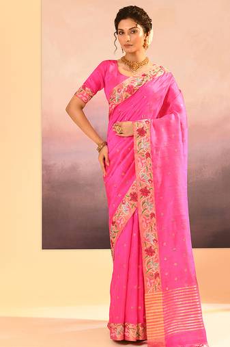 Bright pink embroidered raw silk saree set