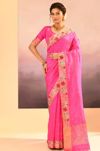 Bright pink embroidered raw silk saree set