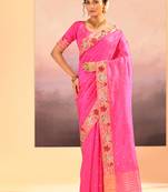 Bright pink embroidered raw silk saree set