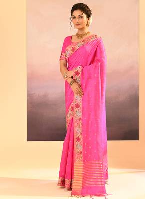 Bright pink embroidered raw silk saree set 2