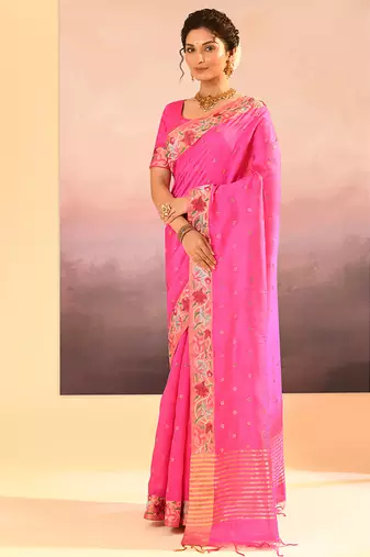 Bright pink embroidered raw silk saree set
