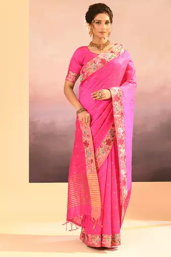 Bright pink embroidered raw silk saree set