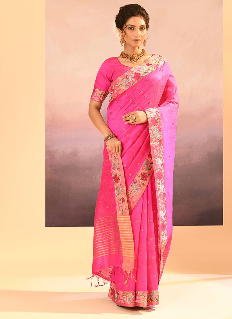 Bright pink embroidered raw silk saree set