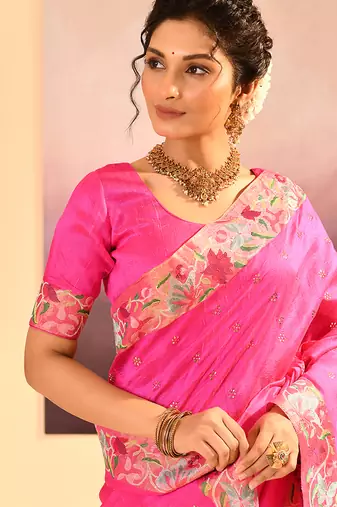 Bright pink embroidered raw silk saree set