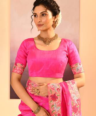 Bright pink embroidered raw silk saree set 5