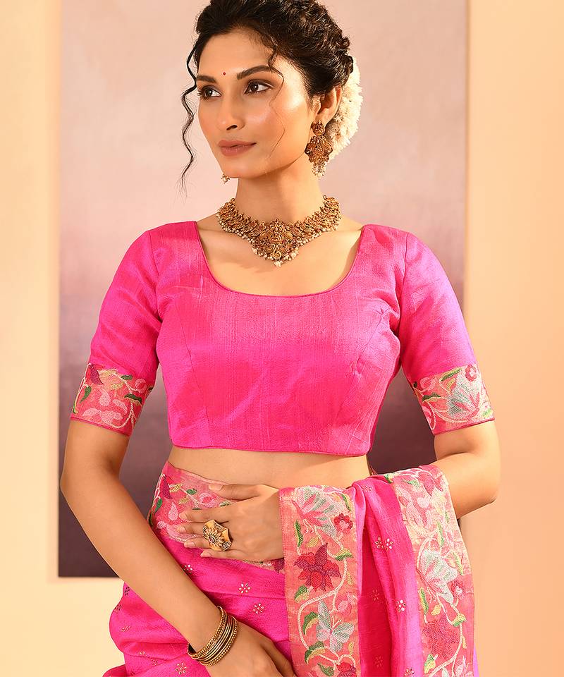 Bright pink embroidered raw silk saree set