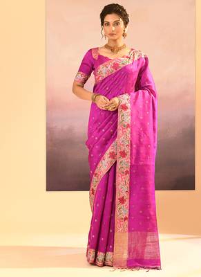 Magenta pink foil printed raw silk saree set 1