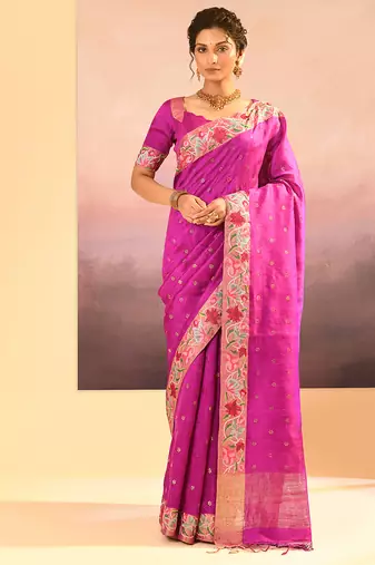 Magenta pink foil printed raw silk saree set