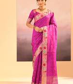 Magenta pink foil printed raw silk saree set