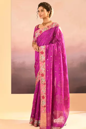 Magenta pink foil printed raw silk saree set