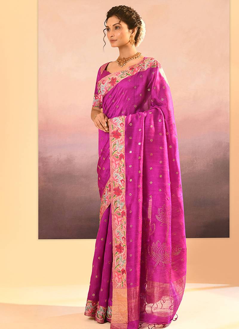 Magenta pink foil printed raw silk saree set
