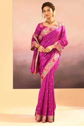Magenta pink foil printed raw silk saree set