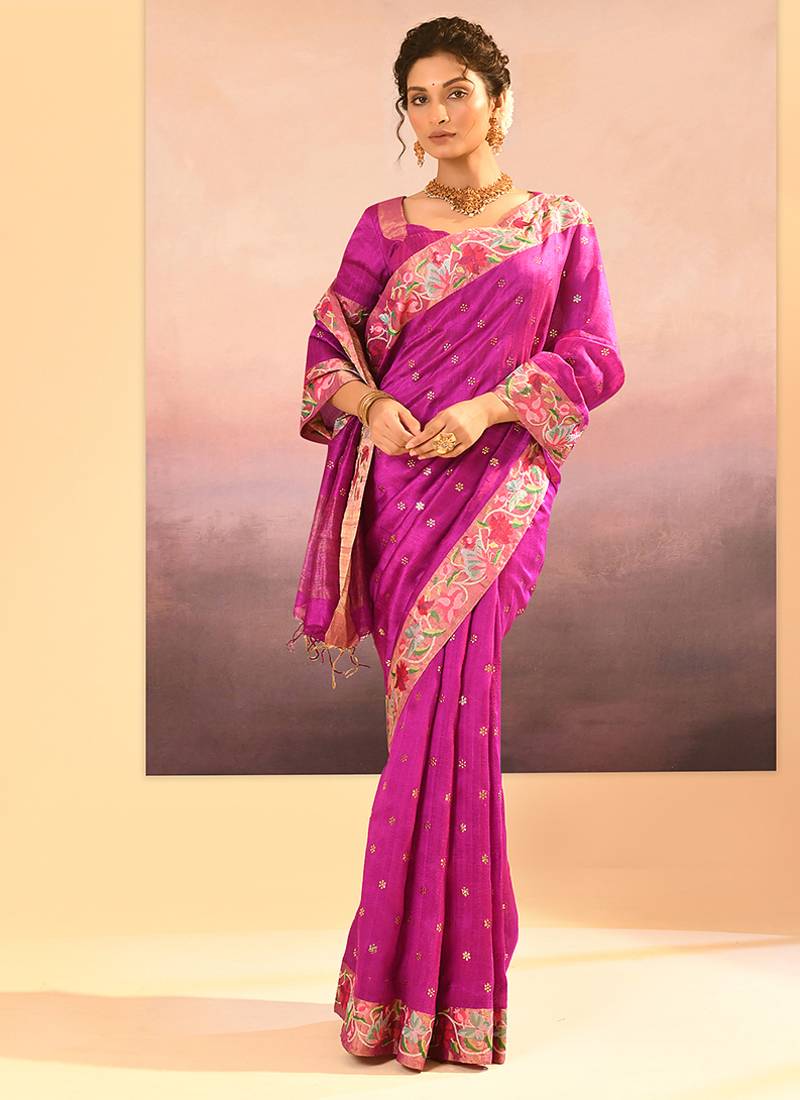Magenta pink foil printed raw silk saree set