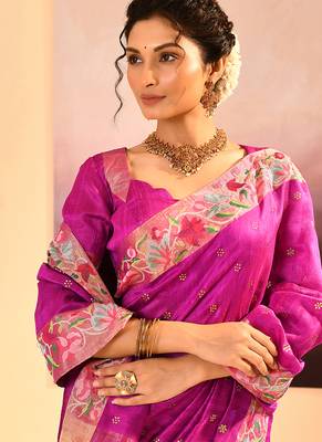 Magenta pink foil printed raw silk saree set 4