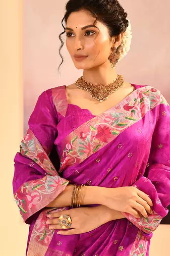 Magenta pink foil printed raw silk saree set