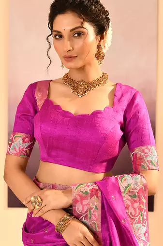 Magenta pink foil printed raw silk saree set
