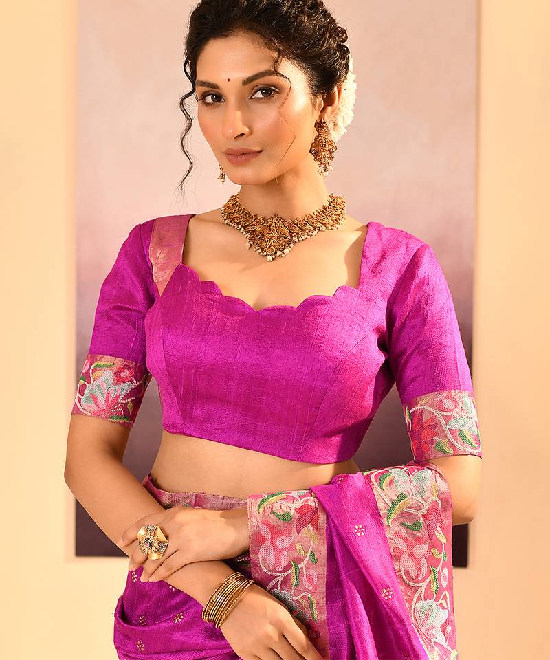 Magenta pink foil printed raw silk saree set
