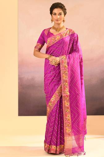 Magenta pink embroidered raw silk saree set