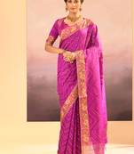 Magenta pink embroidered raw silk saree set