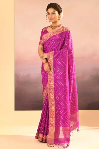 Magenta pink embroidered raw silk saree set