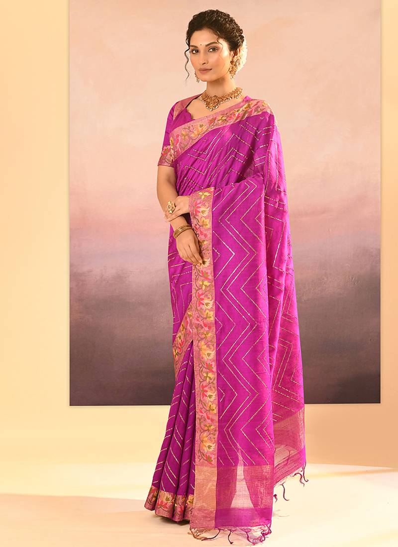 Magenta pink embroidered raw silk saree set