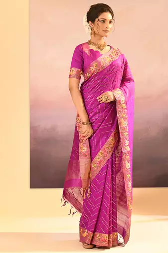 Magenta pink embroidered raw silk saree set