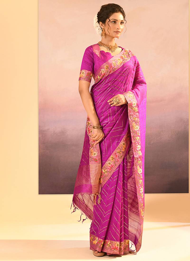 Magenta pink embroidered raw silk saree set