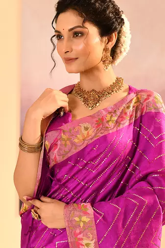 Magenta pink embroidered raw silk saree set